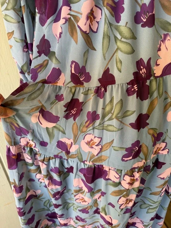 Floral V-Neck Long Sleeve Maxi Dress - Blue with Pink & Purple Flowers XXL - Picture 7 of 9
